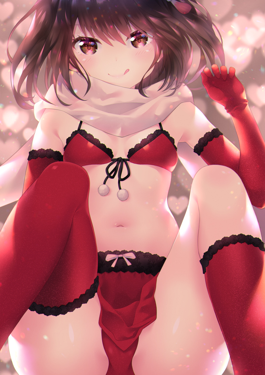 1girl :q asymmetrical_legwear bare_shoulders bikini black_ribbon blush bow_skirt breasts brown_eyes brown_hair closed_mouth elbow_gloves feet_up front-tie_bikini front-tie_top gloves hand_up heart heart_background highres kantai_collection kneehighs knees_up looking_at_viewer miniskirt navel pom_pom_(clothes) red_bikini red_gloves red_legwear red_skirt ribbon scarf sendai_(kantai_collection) short_hair single_kneehigh single_thighhigh sitting skirt small_breasts smile solo stomach swimsuit tassel thigh-highs tongue tongue_out tsukimochikuriko_(tsukimochi_k) white_ribbon white_scarf