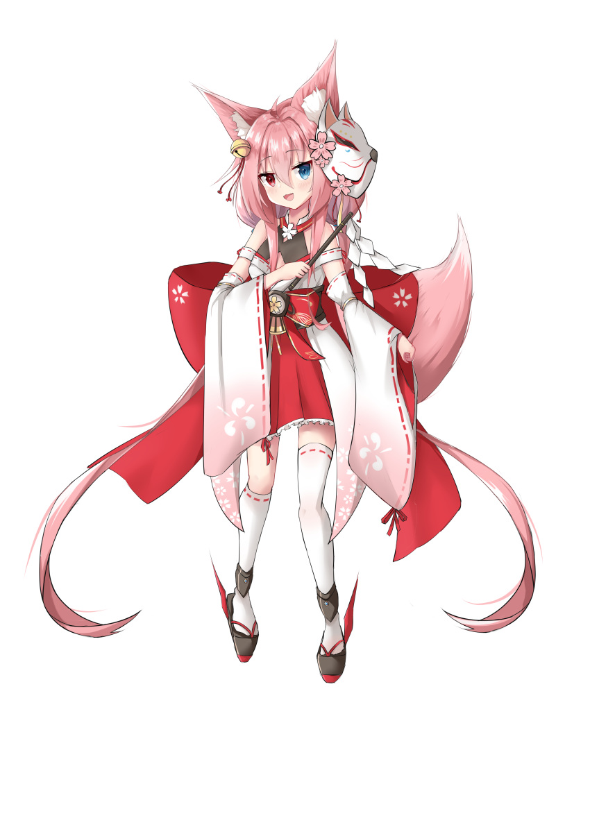 1girl :d absurdly_long_hair absurdres animal_ear_fluff animal_ears asymmetrical_legwear bare_shoulders bell black_footwear black_shirt blue_eyes commentary_request detached_sleeves fox_ears fox_girl fox_mask fox_tail full_body gohei hair_bell hair_ornament heterochromia highres holding japanese_clothes jingle_bell kneehighs long_hair long_sleeves mask mask_on_head miko nagato-chan obi off_shoulder open_mouth original pink_hair platform_footwear pleated_skirt red_eyes red_skirt ribbon-trimmed_legwear ribbon-trimmed_sleeves ribbon_trim sash shirt single_kneehigh single_thighhigh skirt sleeveless sleeveless_shirt smile solo standing tail thigh-highs transparent_background very_long_hair white_legwear white_sleeves wide_sleeves zouri