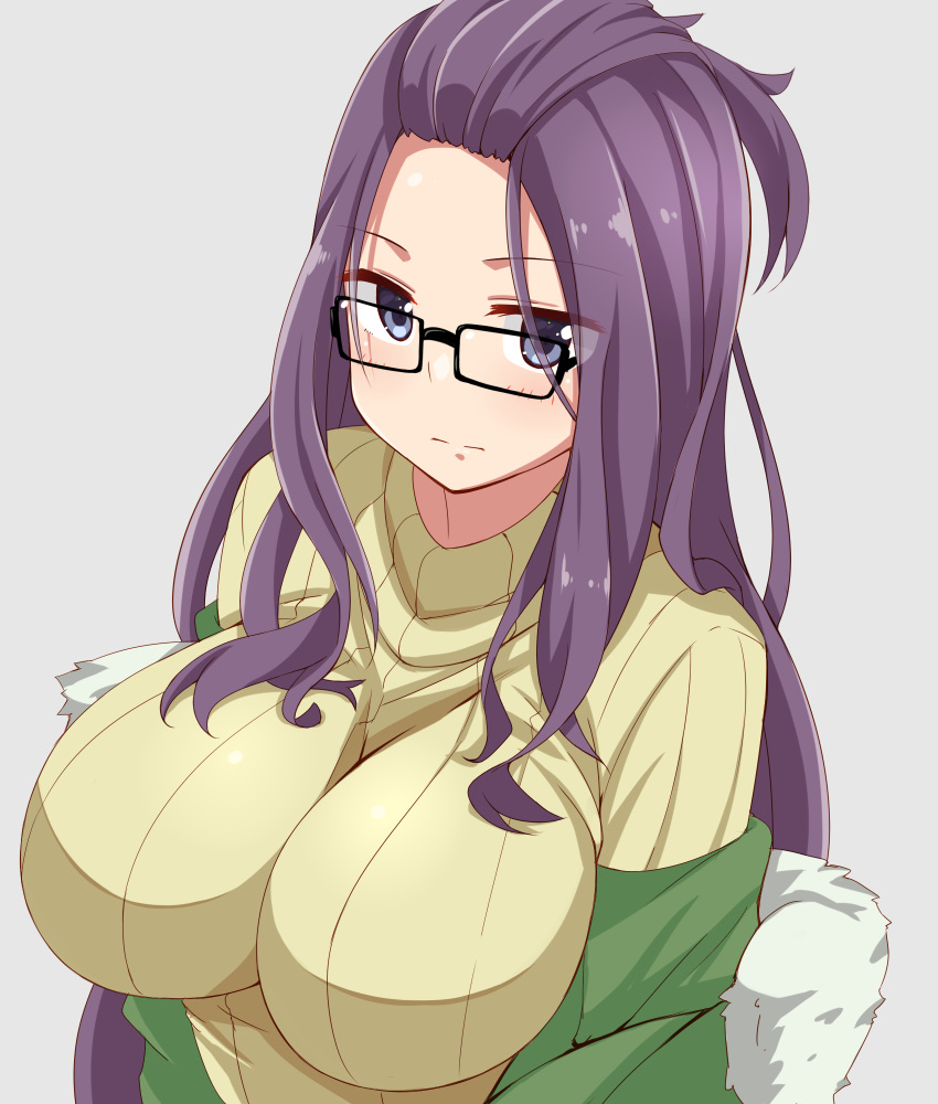 1girl bangs bangs_pinned_back black-framed_eyewear blush breasts commentary_request dou-t eyebrows_visible_through_hair glasses highres impossible_clothes impossible_sweater jacket kagamihara_sakura large_breasts long_hair long_sleeves looking_at_viewer purple_hair ribbed_sweater simple_background solo sweater turtleneck turtleneck_sweater upper_body violet_eyes yurucamp