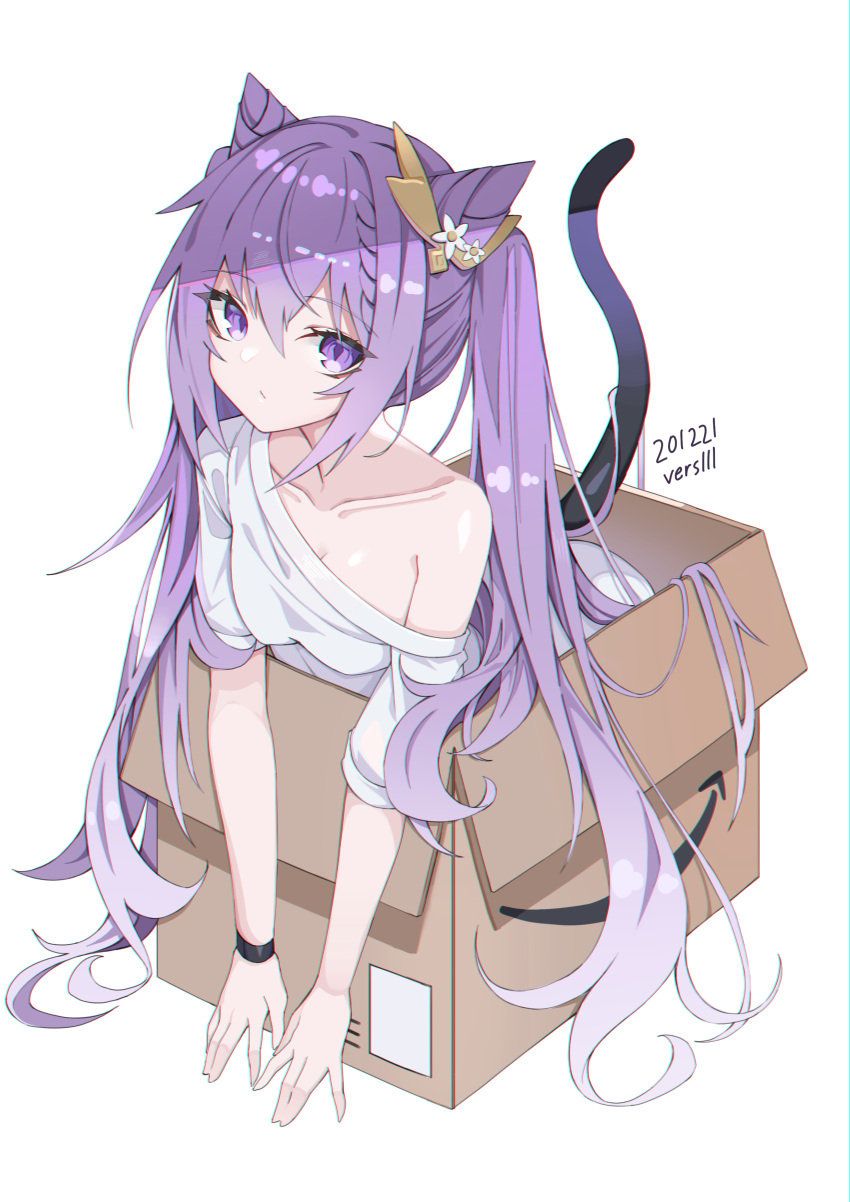 1girl absurdres bare_shoulders bent_over box braid breasts cardboard_box cat_tail closed_mouth collarbone expressionless genshin_impact hair_ears hair_ornament highres in_box in_container keqing_(genshin_impact) long_hair looking_at_viewer off_shoulder purple_hair shirt short_sleeves simple_background small_breasts solo tail tail_raised twintails verslll very_long_hair violet_eyes white_background white_shirt wristband