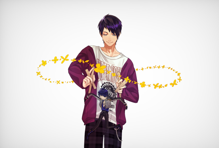 1boy blackstar_-theater_starless- facing_viewer highres male_focus pants plaid plaid_pants puppet puppet_strings purple_hair short_hair simple_background solo standing sweatshirt takizawa_middle white_background