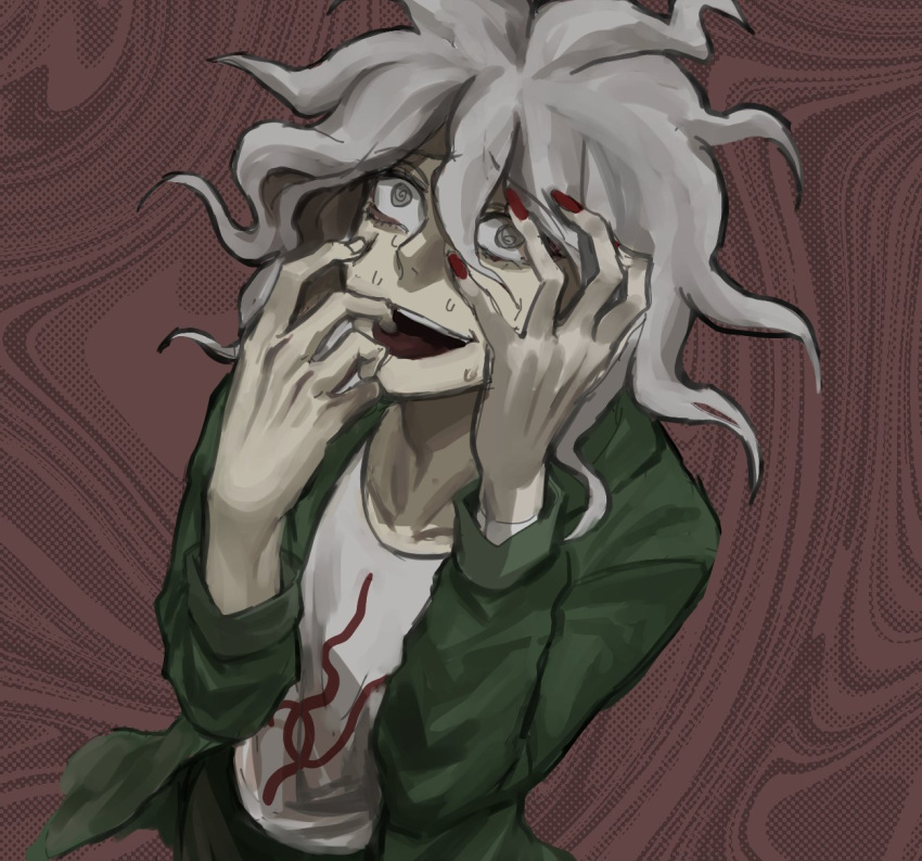 1boy bangs brown_pants coat collarbone commentary_request cowboy_shot crazy_eyes dangan_ronpa_(series) dangan_ronpa_2:_goodbye_despair doggye_(zginrwsn) dutch_angle finger_in_mouth green_coat grey_hair hair_between_eyes halftone halftone_background hands_on_own_face hands_up highres komaeda_nagito long_sleeves male_focus nail_polish open_clothes open_coat open_mouth pants print_shirt red_nails shirt solo sweat white_shirt
