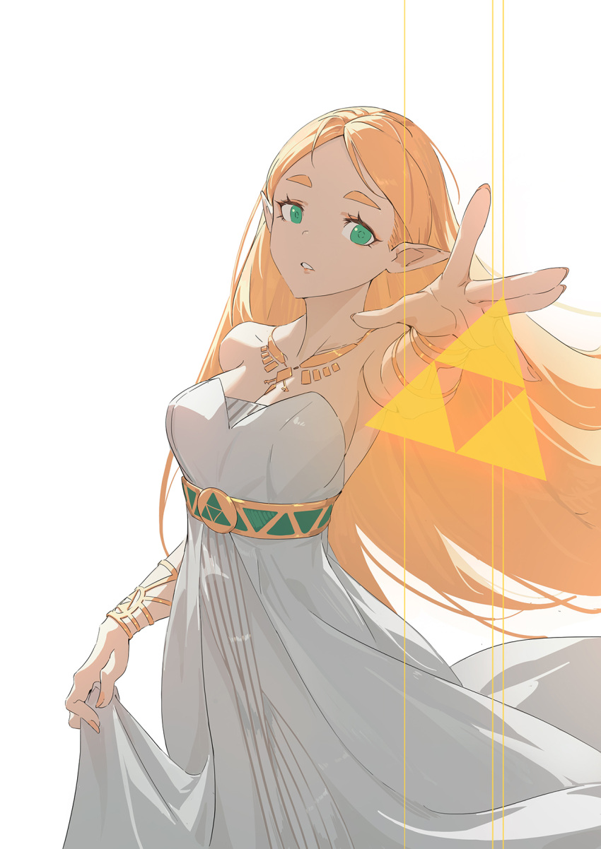 1girl bare_shoulders blonde_hair bracelet breasts dress green_eyes highres huang_(volt0526) jewelry long_hair looking_at_viewer medium_breasts orange_nails parted_lips pointy_ears princess_zelda reaching_out sash solo strapless strapless_dress the_legend_of_zelda the_legend_of_zelda:_breath_of_the_wild triforce very_long_hair white_background white_dress wind
