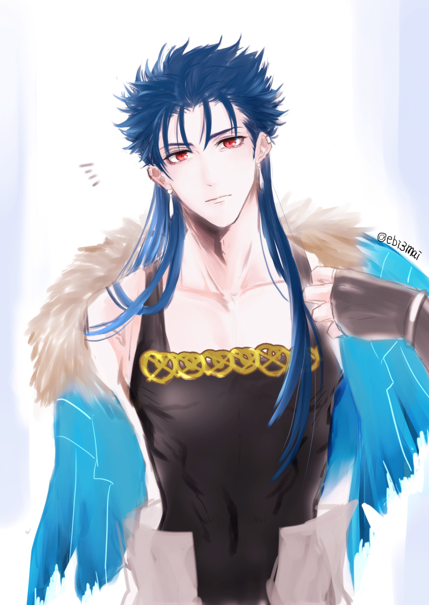 1boy absurdres blue_hair bracelet capelet chiritaros closed_mouth collarbone cu_chulainn_(fate)_(all) cu_chulainn_(fate/grand_order) earrings expressionless fate/grand_order fate_(series) fur-trimmed_capelet fur_trim highres jewelry long_hair male_focus multiple_piercings navel red_eyes simple_background skin_tight solo spiky_hair tank_top type-moon white_background