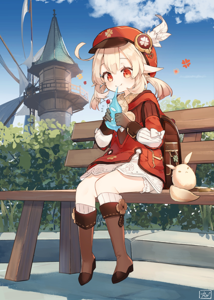 1girl backpack bag bangs bench blonde_hair boots brown_bag brown_footwear brown_gloves bush chibirisu clouds commentary_request day eyelashes feathers flying_sweatdrops from_below genshin_impact gloves hat highres holding klee_(genshin_impact) long_sleeves mouth_hold outdoors pointy_ears red_eyes short_twintails sitting sky striped striped_legwear twintails windmill