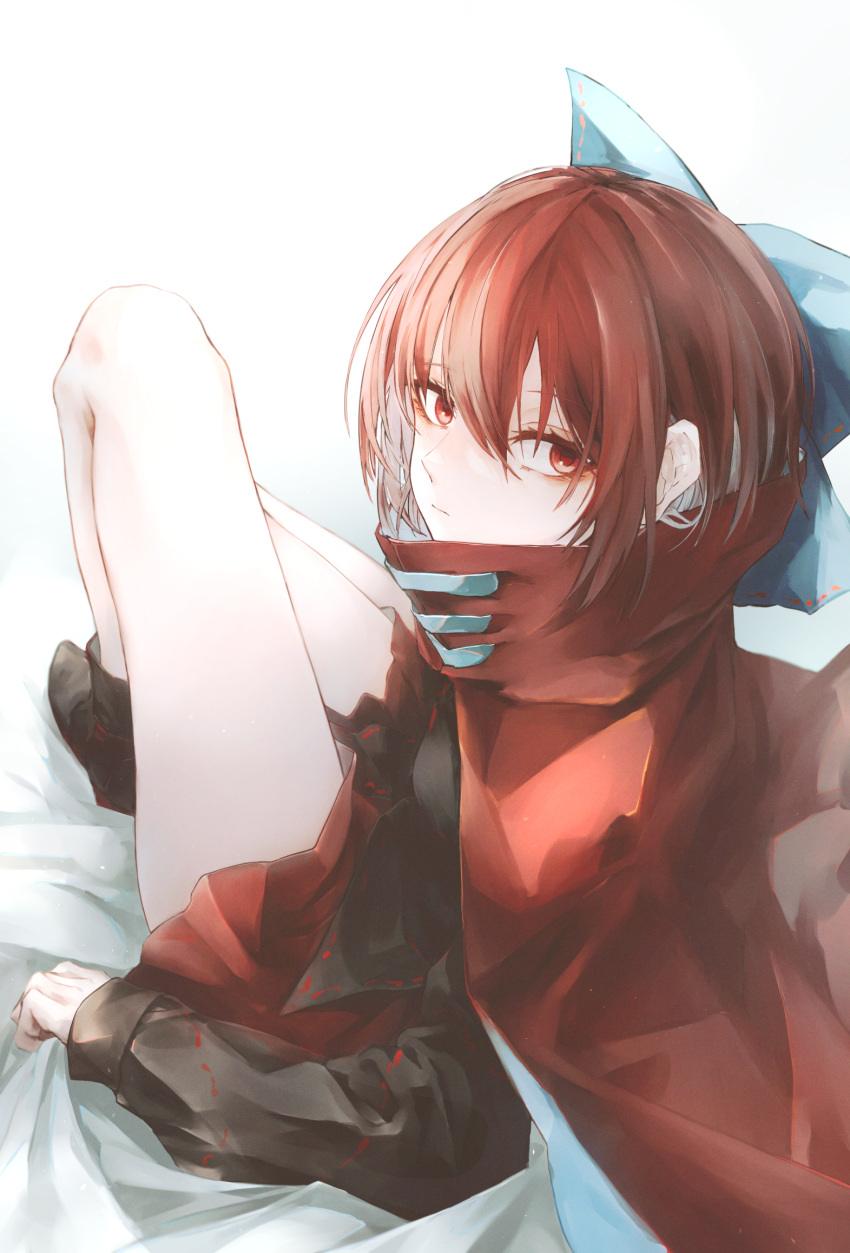 1girl bangs bed_sheet black_footwear black_shirt blue_bow bow cape closed_mouth eyebrows_visible_through_hair hair_between_eyes hair_bow highres holding_sheet knee_up long_sleeves looking_at_viewer on_bed red_cape red_eyes red_ribbon red_skirt redhead ribbon ribbon-trimmed_bow ribbon-trimmed_shirt safutsuguon sekibanki shirt short_hair simple_background sitting skirt solo touhou white_background