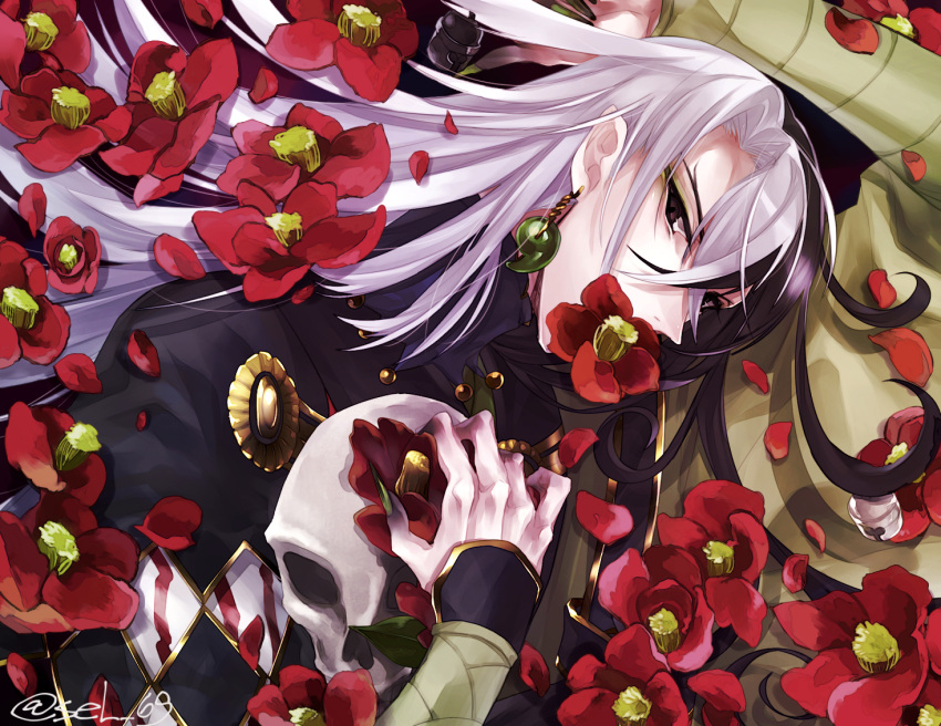 1boy ashiya_douman_(fate) asymmetrical_clothes asymmetrical_hair black_eyes black_hair curly_hair earrings fate/grand_order fate_(series) fingernails floral_background flower green_eyeshadow green_kimono green_nails hair_between_eyes hair_intakes japanese_clothes jewelry kimono long_hair looking_at_viewer magatama magatama_earrings male_focus multicolored_hair open_clothes open_kimono red_flower ribbed_sleeves sel_(kagami6) sharp_fingernails solo two-tone_hair upper_body very_long_hair white_hair