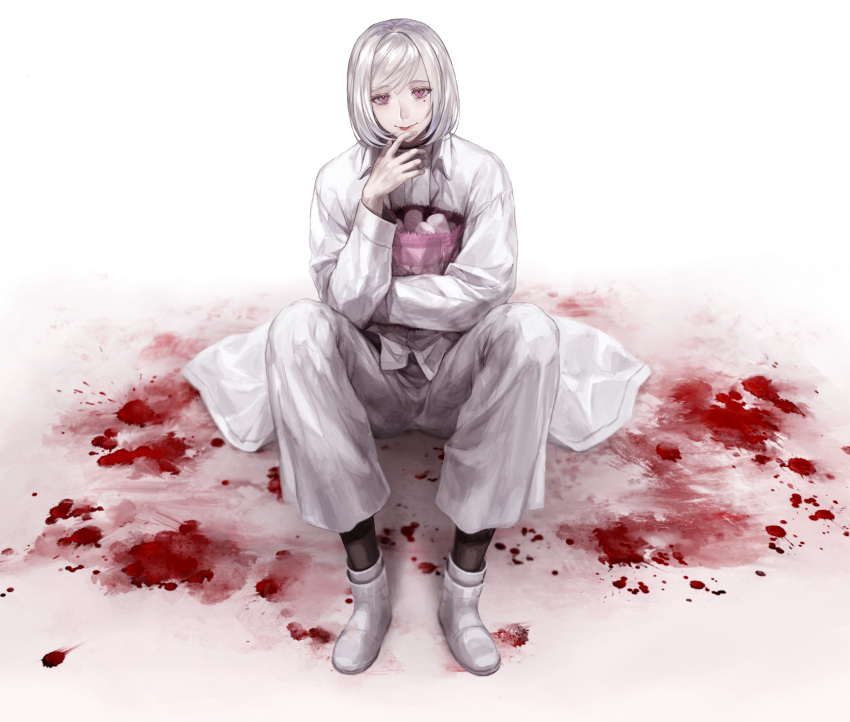 1boy absurdres akudama_drive blood cutthroat_(akudama_drive) full_body hand_up highres long_sleeves looking_at_viewer male_focus mole mole_under_eye pale_skin pants shiromo_ooo short_hair sitting smile violet_eyes white_background white_footwear white_hair white_pants