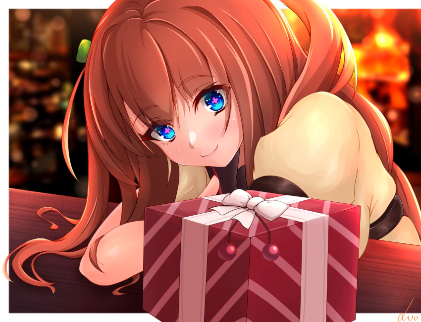 .live 1girl absurdres blue_eyes blurry blurry_background brown_hair christmas christmas_tree commentary_request gift hair_ornament highres kakyouin_chieri light long_hair looking_at_viewer night pov school_uniform smile user_jhhp7477 virtual_youtuber