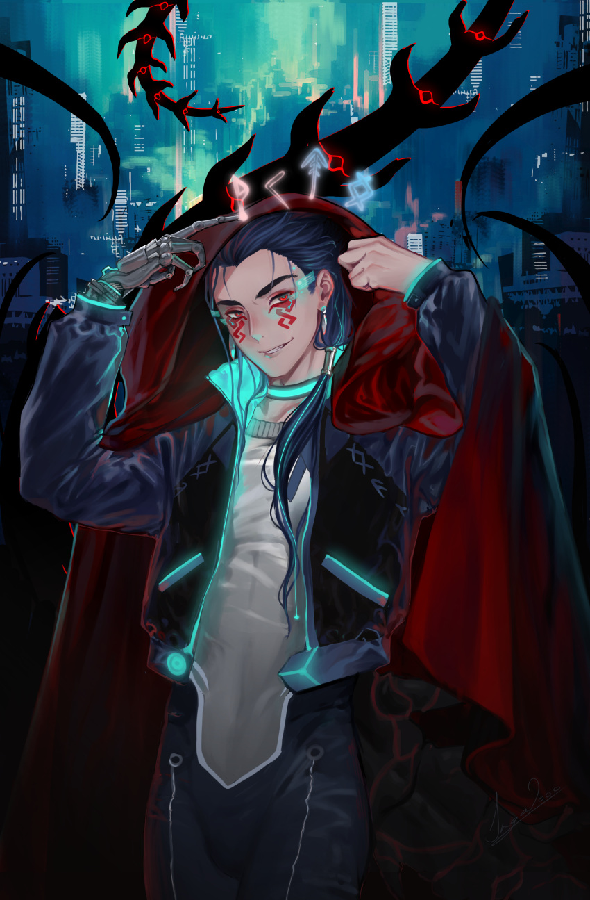 1boy absurdres alternate_costume beads blue_hair bulge choker cityscape cu_chulainn_(fate)_(all) cu_chulainn_alter_(fate/grand_order) cyberpunk dark_blue_hair dark_persona earrings english_commentary facepaint fate/grand_order fate_(series) glowing grin hair_beads hair_ornament highres hood hood_up inga2ooo jacket jewelry long_hair male_focus mechanical_hand open_clothes open_jacket ponytail red_eyes runes signature smile solo type-moon