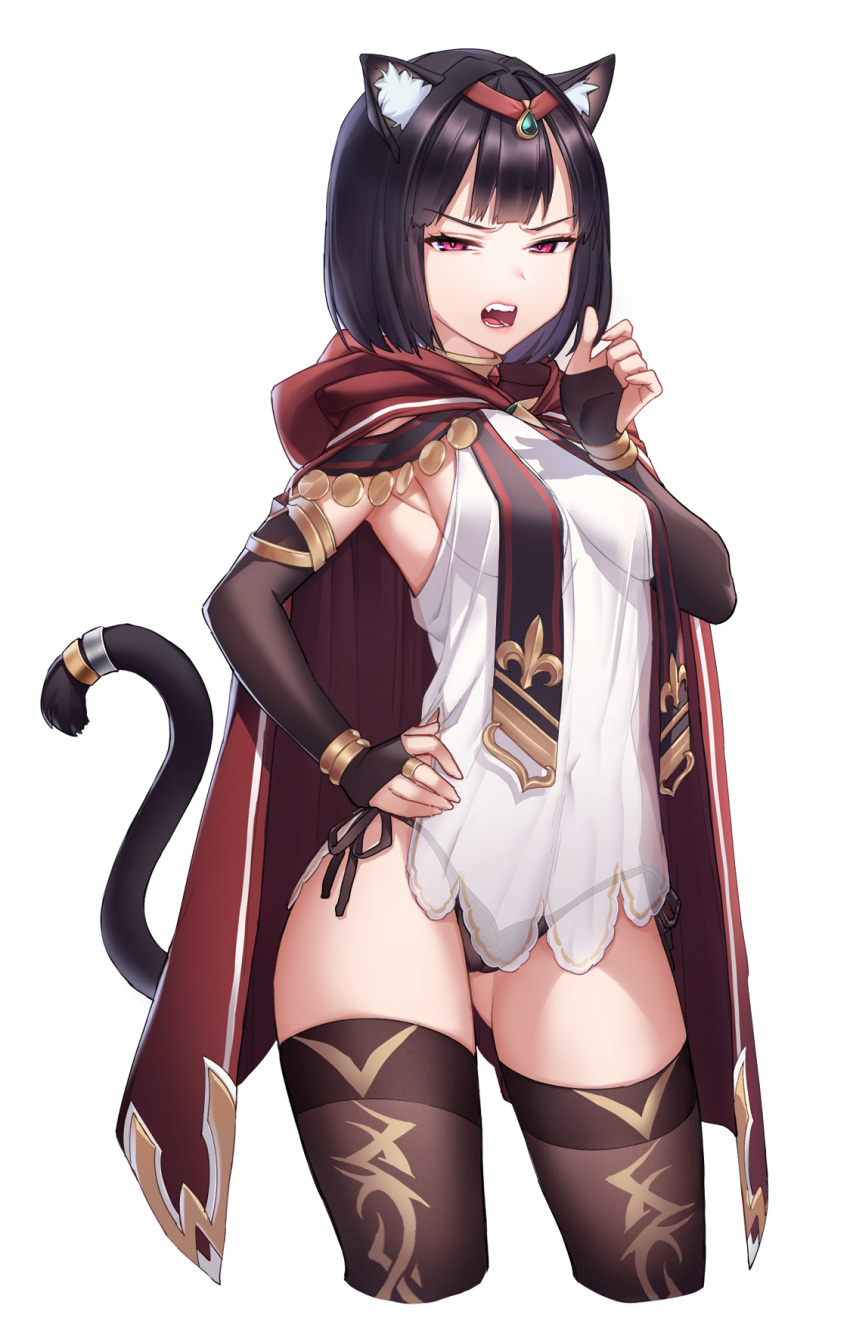 1girl animal_ears artist_request ass_visible_through_thighs black_gloves black_hair black_legwear black_panties bob_cut breast_curtains breasts bridal_gauntlets cat_ears cat_tail cloak contrapposto covered_navel cowboy_shot cropped_legs disgust elbow_gloves fangs fingerless_gloves game_cg gloves hair_ornament half-closed_eyes hand_on_hip highres hood hooded_cloak hoodie lips medium_breasts navel non-web_source open_mouth panties pink_eyes see-through short_hair side-tie_panties sideboob slit_pupils solo string_panties tail tail_ornament thigh-highs transparent_background underwear wish_(momentum_games)