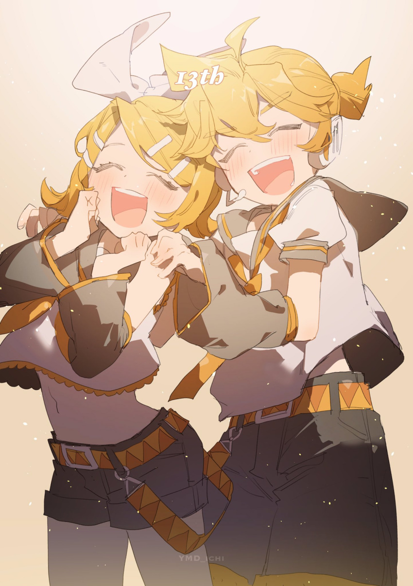 1boy 1girl anniversary arm_warmers bangs belt black_collar black_shorts blonde_hair bow closed_eyes collar commentary cowboy_shot crop_top hair_bow hair_ornament hairclip hands_on_another's_shoulders hands_on_own_cheeks hands_on_own_face headphones headset highres kagamine_len kagamine_rin light_particles midriff navel neckerchief necktie open_mouth sailor_collar school_uniform shirt short_hair short_ponytail short_shorts short_sleeves shorts smile spiky_hair standing swept_bangs vocaloid white_bow white_shirt yamada_ichi yellow_neckwear