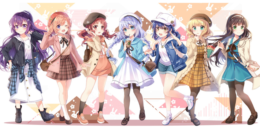 6+girls :d :o ;d alternate_costume alternate_hairstyle aqua_eyes bag bangs beret black_footwear black_legwear blonde_hair blue_eyes blue_hair blunt_bangs boots braid brown_footwear brown_hair casual chocho_(homelessfox) coat commentary crepe cup disposable_cup dress drinking drinking_straw food fruit gochuumon_wa_usagi_desu_ka? green_eyes hair_between_eyes hair_ornament hairclip hand_up hat hoto_cocoa jacket jewelry jouga_maya kafuu_chino kirima_sharo light_blue_hair long_hair long_sleeves looking_at_viewer low_twintails medium_hair multiple_girls natsu_megumi one_eye_closed open_mouth orange_footwear orange_hair pantyhose peaked_cap pendant ponytail purple_hair red_eyes redhead shirt shoes short_hair short_shorts shorts shoulder_bag smile socks strawberry tedeza_rize tied_shirt twin_braids twintails ujimatsu_chiya violet_eyes white_footwear yellow_eyes