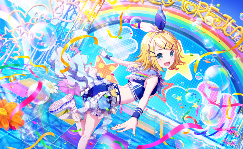 blonde_hair blush dress green_eyes kagamine_rin project_sekai short_hair smile