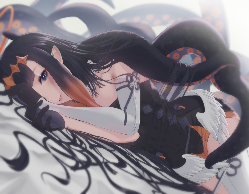 1girl absurdres bangs black_dress black_gloves black_hair blue_eyes blunt_bangs blush detached_sleeves dress dutch_angle eyebrows_visible_through_hair feathered_wings gloves gradient_hair highres hololive hololive_english long_sleeves looking_at_viewer low_wings lying multicolored_hair ninomae_ina'nis on_side orange_hair parted_lips patterned_clothing pointy_ears short_dress single_detached_sleeve single_thighhigh smile solo strapless strapless_dress tentacles thigh-highs virtual_youtuber white_legwear white_wings wings xi-u