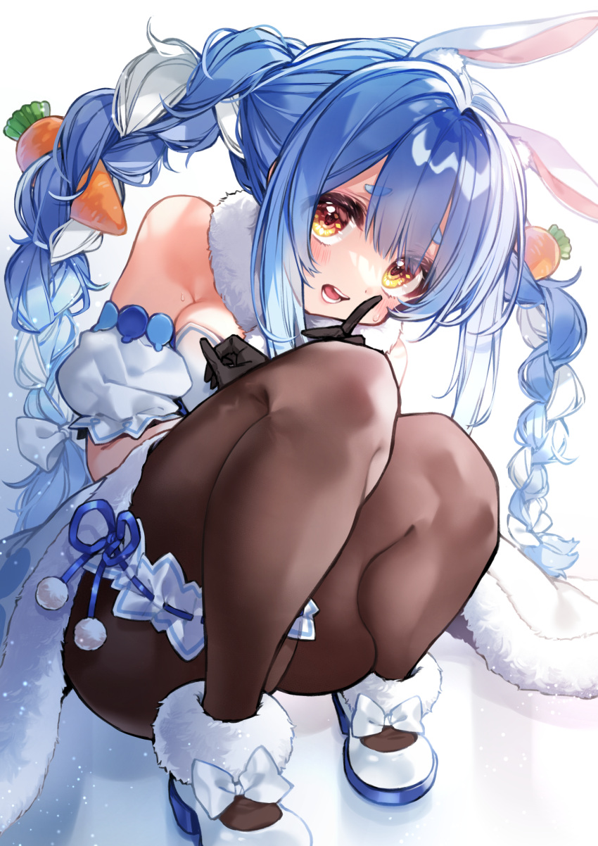 1girl animal_ear_fluff animal_ears ankle_cuffs arm_cuffs black_gloves black_legwear blush braid breasts carrot_hair_ornament closed_mouth coat commentary_request don-chan_(usada_pekora) eyebrows_visible_through_hair eyelashes food_themed_hair_ornament full_body fur_collar gloves hair_between_eyes hair_ornament highres hololive index_finger_raised knees_to_chest kurihara_sakura long_hair looking_at_viewer medium_breasts off_shoulder pantyhose pom_pom_(clothes) rabbit_ears red_eyes shoes simple_background sitting solo symbol-shaped_pupils thick_eyebrows thigh_strap twin_braids twintails usada_pekora virtual_youtuber white_background white_coat white_footwear