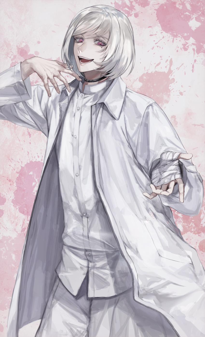 1boy :d absurdres akudama_drive bandaged_hand coat collar cutthroat_(akudama_drive) hand_up highres long_sleeves male_focus open_mouth pale_skin pants shiromo_ooo shirt short_hair simple_background smile standing violet_eyes white_coat white_hair white_pants white_shirt