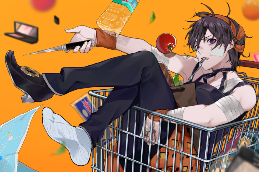 1boy bag baguette bandaged_arm bandaged_hand bandages bandaid bandaid_on_cheek bandaid_on_shoulder bangs black_choker black_footwear black_hair black_pants blurry blurry_background bottle bread choker collarbone commentary_request falling food fork headband holding holding_knife holding_weapon in_container jojo_no_kimyou_na_bouken knife legs_up looking_at_viewer magazine male_focus map_(object) mouth_hold narancia_ghirga orange_background orange_headband pants paper_bag sato_minato shoes shopping_cart short_hair single_shoe sleeveless socks solo teeth tomato vegetable vento_aureo violet_eyes weapon white_legwear wristband