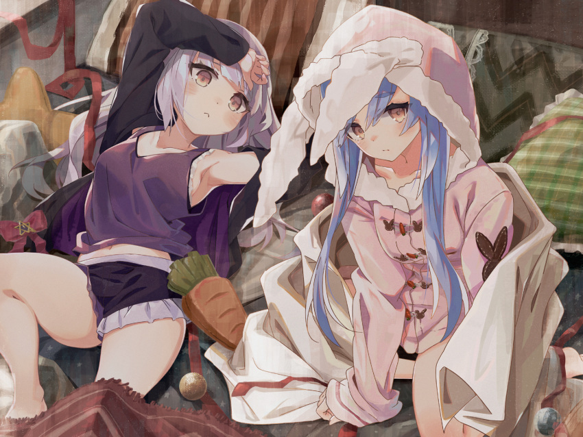 2girls alternate_costume anzi arm_up armpits bare_legs black_jacket black_shorts blush breasts carrot casual closed_mouth commentary english_commentary eyebrows_visible_through_hair hair_down highres hololive hood hood_up hoodie jacket light_blue_hair long_hair looking_at_viewer medium_breasts midriff mixed-language_commentary multicolored_hair multiple_girls murasaki_shion navel open_clothes open_jacket orange_eyes pillow pink_hoodie plaid purple_tank_top red_ribbon ribbon short_shorts shorts silver_hair sitting sleeveless streaked_hair tank_top thick_eyebrows thighs two-sided_fabric two-sided_jacket two-tone_hair usada_pekora virtual_youtuber wariza white_hair