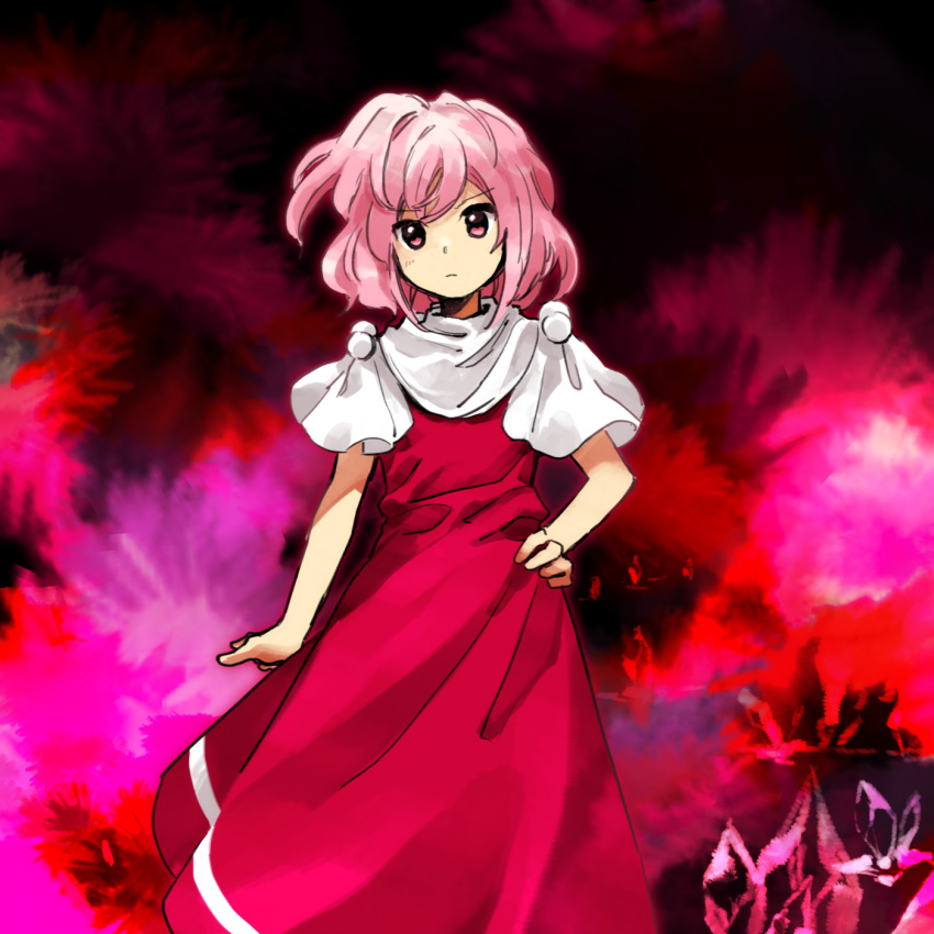1girl :/ asymmetrical_hair bangs black_background bobbles capelet closed_mouth crystal dress eyebrows_visible_through_hair feet_out_of_frame frown hand_on_hip highres kaigen_1025 looking_at_viewer mystic_square outstretched_arm outstretched_hand pink_background pink_eyes pink_hair red_background red_dress sara_(touhou) short_hair sidelocks solo touhou touhou_(pc-98) white_capelet