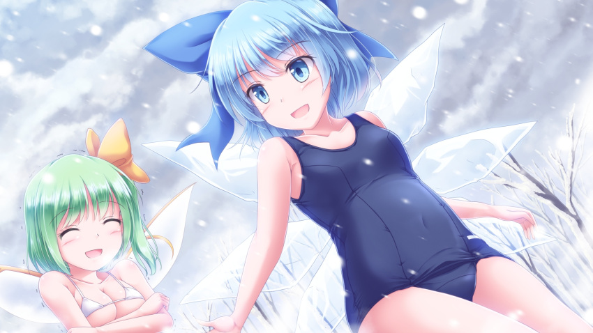 2girls :d ^_^ bangs bare_arms bare_shoulders bare_tree bikini blue_eyes blue_swimsuit breasts cirno closed_eyes clouds cloudy_sky cold collarbone commentary_request covered_navel daiyousei dutch_angle eyebrows_visible_through_hair fairy_wings highres ice ice_wings lzh medium_breasts multiple_girls one-piece_swimsuit open_mouth school_swimsuit short_hair sky smile snowing string_bikini swimsuit touhou tree trembling white_bikini wings winter
