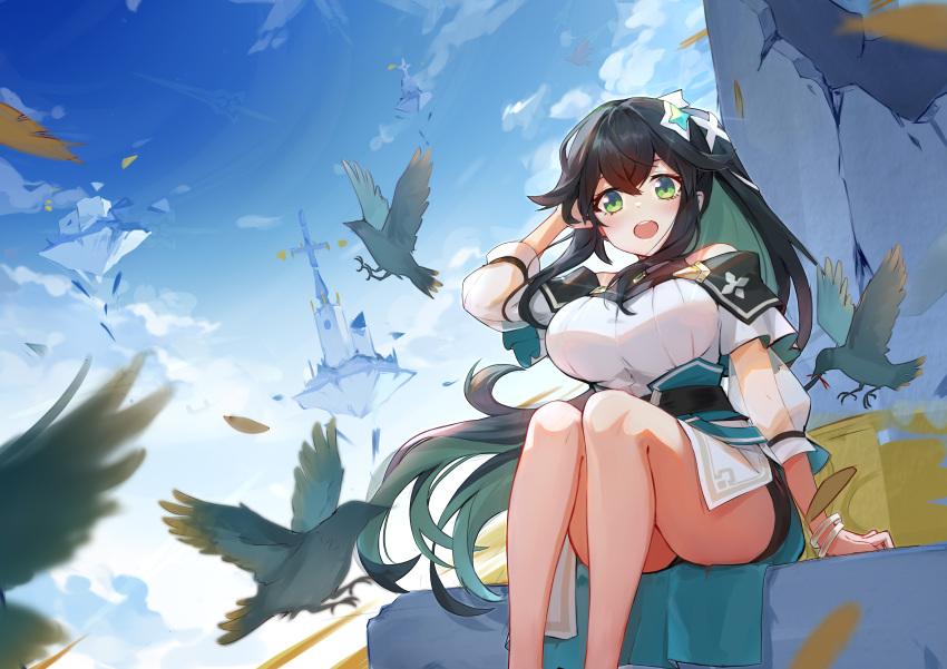 1girl above_clouds absurdres arm_support bangs bird black_hair blue_sky blush breasts chinese_commentary clouds cloudy_sky coat commentary_request dress english_commentary eyelashes feet_out_of_frame floating_island green_eyes green_hair hair_between_eyes hair_blowing hair_ornament hand_on_head highres large_breasts long_hair long_sleeves looking_at_viewer mixed-language_commentary multicolored_hair off-shoulder_dress off_shoulder open_mouth pcde2378 philia_(world_flipper) ruins see-through_sleeves sidelocks sitting sky solo thighs two-tone_hair white_coat white_dress world_flipper