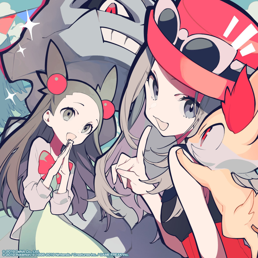 2girls black_shirt bow brown_hair commentary_request dress eyelashes eyewear_on_headwear fennekin gen_2_pokemon gen_6_pokemon green_dress grey_eyes hair_bobbles hair_ornament hands_up hat highres jasmine_(pokemon) long_hair looking_back mochizuki_kei multiple_girls own_hands_together pink_headwear pokemon pokemon_(creature) pokemon_(game) pokemon_hgss pokemon_masters_ex pokemon_xy red_skirt serena_(pokemon) shirt skirt sleeveless sleeveless_shirt smile sparkle steelix sunglasses watermark