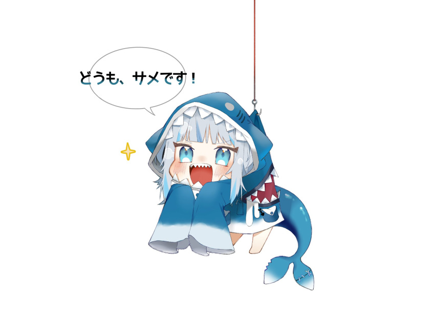 1girl acorn_(lakebiwabiwa) animal_hood blue_eyes blue_hair blush chibi fish_tail fishing_hook fishing_line gawr_gura hanging highres hololive hololive_english hood multicolored_hair open_mouth shark_hood shark_tail sharp_teeth silver_hair sleeves_past_fingers sleeves_past_wrists solo streaked_hair tail teeth translation_request white_background