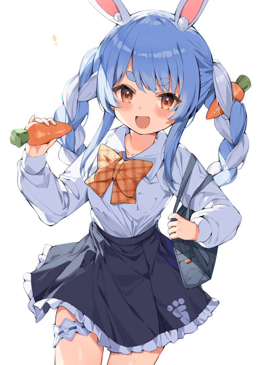 1girl :d absurdres alternate_costume animal_ear_fluff animal_ears bag black_skirt blue_hair blush bow bowtie braid breasts carrot carrot_hair_ornament carrot_print collarbone collared_shirt cowboy_shot eyebrows_visible_through_hair food food_print food_themed_hair_ornament hair_ornament hana_mori highres holding holding_food holding_vegetable hololive leg_garter long_hair looking_at_viewer multicolored_hair open_mouth orange_bow orange_eyes orange_neckwear plaid plaid_bow plaid_neckwear rabbit_ears shirt shoulder_bag silver_hair simple_background skirt small_breasts smile solo standing thick_eyebrows twin_braids twintails two-tone_hair usada_pekora v-shaped_eyebrows vegetable virtual_youtuber white_background white_shirt