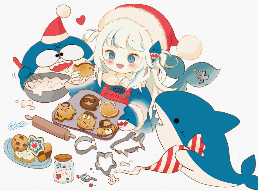 1girl baking bangs bloop_(gawr_gura) blue_eyes blue_hair blush chikuwa_emil cookie cookie_cutter english_commentary eyebrows_visible_through_hair fish_tail food gawr_gura hat heart holding holding_tray hololive hololive_english icing multicolored_hair open_mouth pastry_bag rolling_pin santa_hat shark shark_tail sharp_teeth silver_hair smile streaked_hair tail teeth tray two_side_up virtual_youtuber