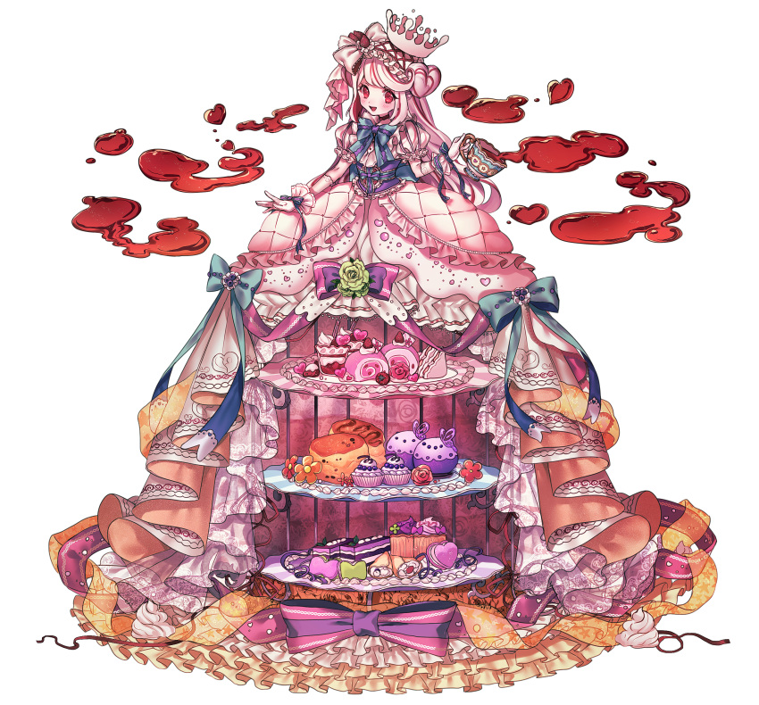 1girl absurdres alcremie bangs blush cake commentary_request cup cupcake dress eyelashes food gen_8_pokemon gigantamax gigantamax_alcremie gloves heart highres holding holding_cup liquid long_hair looking_at_viewer moe_(hamhamham) multicolored_hair personification pokemon red_eyes ribbon sash short_sleeves smile streaked_hair teacup