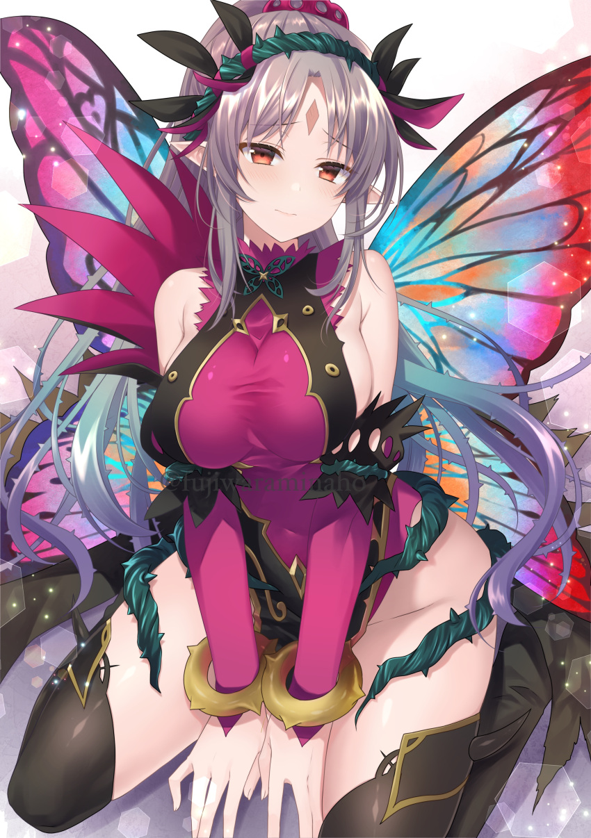 1girl absurdres bangs breasts dress facial_mark fairy_wings fire_emblem fire_emblem_heroes fujiwara_minaho gradient_hair grey_hair highres large_breasts light_smile long_hair multicolored_hair plant plumeria_(fire_emblem) pointy_ears ponytail red_eyes simple_background sitting sleeveless solo thigh-highs tied_hair vines white_background wings