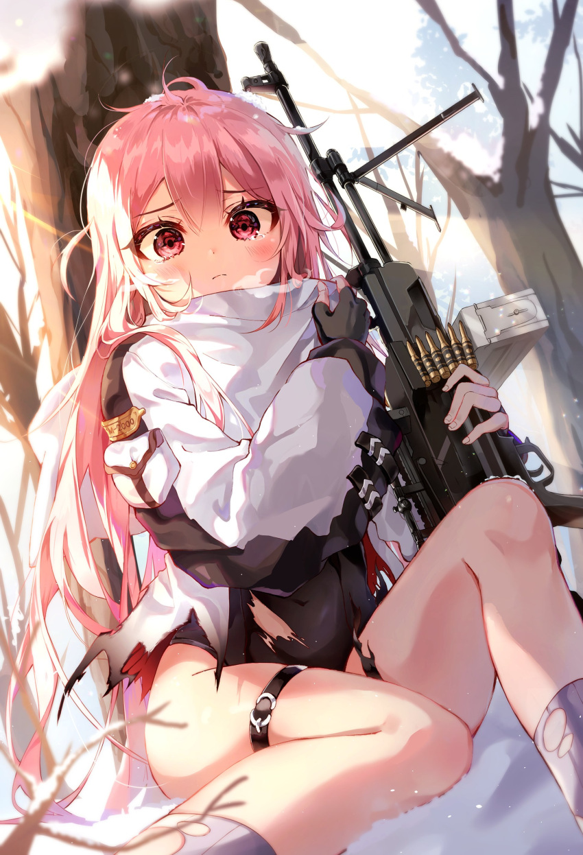 1girl absurdres ahoge black_gloves blush bullet closed_mouth day dutch_angle feet_out_of_frame fingerless_gloves frown girls_frontline gloves gun hair_between_eyes highres holding holding_gun holding_weapon iop5509 knee_up legband light_machine_gun long_hair looking_at_viewer machine_gun messy_hair outdoors pink_eyes pink_hair shirt sitting snow solo torn_clothes tree ukm-2000_(girls_frontline) very_long_hair weapon white_shirt wide-eyed