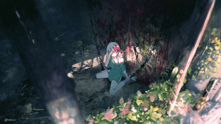1girl bandaged_leg bandages bare_shoulders blood blood_on_wall blood_splatter bone chain closed_mouth collarbone cuffs dungeon eyebrows_visible_through_hair flower highres long_hair original pink_flower plant red_flower scenery shackles sitting skeleton splatter torn torn_clothes twitter_username wariza watori_re white_hair