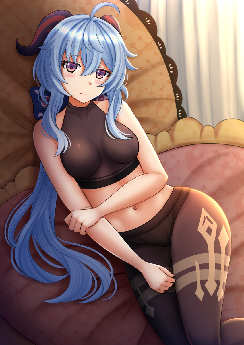 1girl adapted_costume ahoge bare_arms bare_shoulders black_panties black_shirt blue_hair bow breasts brown_legwear crop_top ganyu_(genshin_impact) genshin_impact goat_horns hair_bow highres horns kazenokaze long_hair looking_at_viewer low_ponytail medium_breasts midriff navel panties pantyhose shirt sitting sleeveless sleeveless_shirt solo stomach underwear very_long_hair violet_eyes