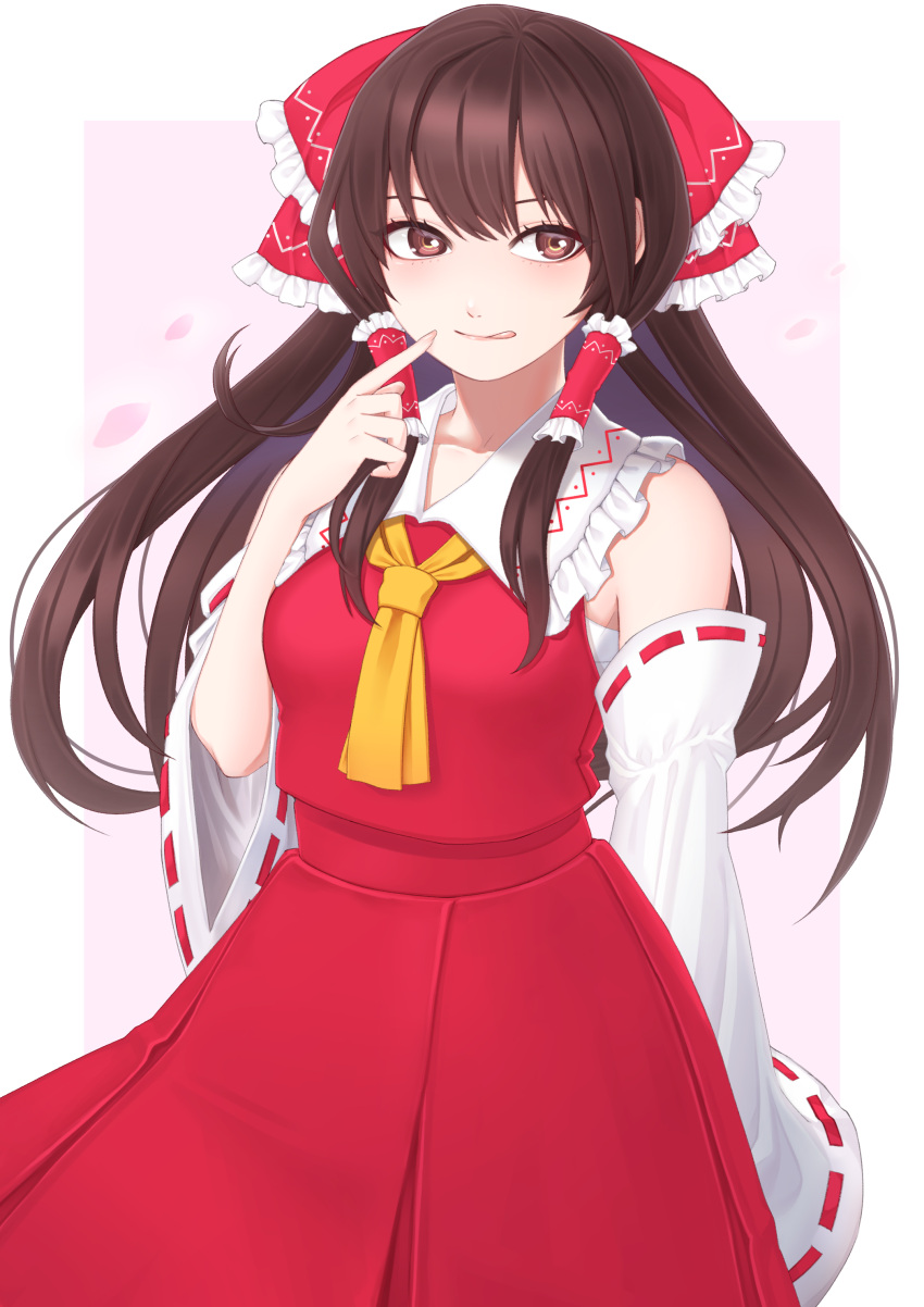 1girl :q absurdres bangs bare_shoulders bow brown_hair commentary cowboy_shot detached_sleeves eyebrows_behind_hair finger_to_mouth frilled_bow frilled_hair_tubes frilled_shirt_collar frills hair_between_eyes hair_bow hair_tubes hakurei_reimu hand_up highres long_hair looking_at_viewer mi_(srmt5322) red_bow red_skitr red_vest sarashi solo tongue tongue_out touhou vest wide_sleeves