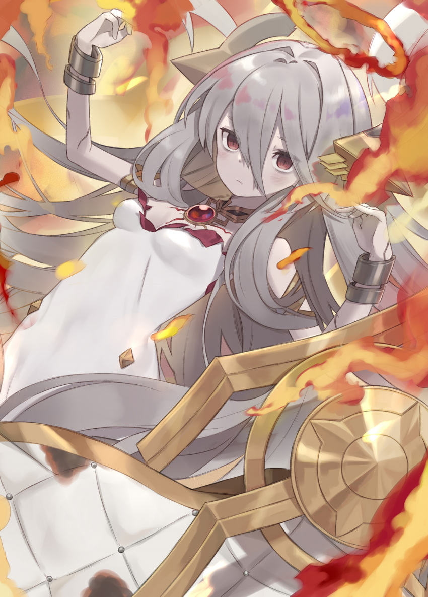 1girl alchemy_stars bangs bare_shoulders breasts brown_eyes character_request closed_mouth commentary_request dress eyebrows_behind_hair fire grey_hair hair_between_eyes halo hands_up headgear highres long_hair looking_at_viewer small_breasts solo strapless strapless_dress totatokeke very_long_hair white_dress