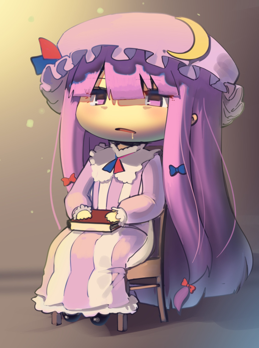 1girl absurdres black_footwear blush boa_(brianoa) book chair chibi commentary crescent crescent_moon_pin dress drooling english_commentary full_body hat highres holding holding_book long_dress long_hair long_sleeves patchouli_knowledge pillow_hat purple_dress purple_hair purple_headwear saliva shoes sitting solo touhou very_long_hair violet_eyes wide_face