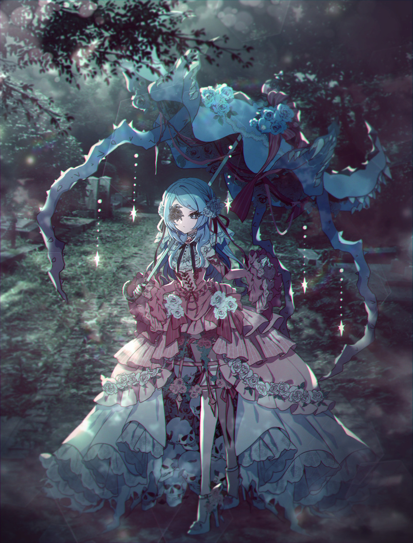 1girl absurdres blue_hair character_request closed_mouth commentary_request dress eyebrows_visible_through_hair eyelashes fingernails flower grass graveyard grey_eyes hair_flower hair_ornament high_heels highres holding holding_umbrella huge_filesize looking_at_viewer moe_(hamhamham) outdoors personification pink_dress pink_flower pokemon standing tombstone umbrella white_flower