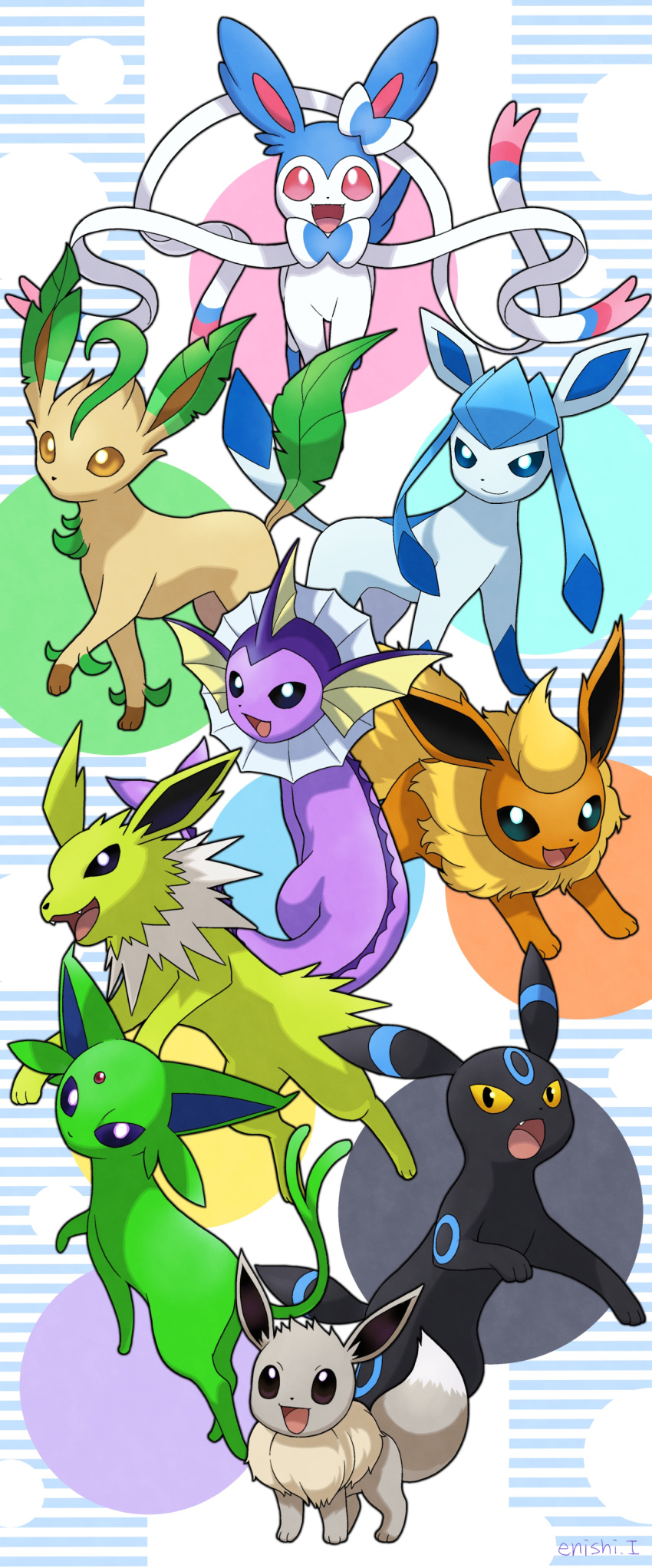 :d absurdres alternate_color black_eyes blue_eyes brown_eyes closed_mouth commentary_request creature eevee enishi_(menkura-rin10) espeon fang flareon gen_1_pokemon gen_2_pokemon gen_4_pokemon gen_6_pokemon glaceon highres jolteon leafeon looking_at_viewer no_humans open_mouth pokemon pokemon_(creature) shiny_pokemon simple_background smile striped striped_background sylveon umbreon vaporeon violet_eyes white_background yellow_eyes