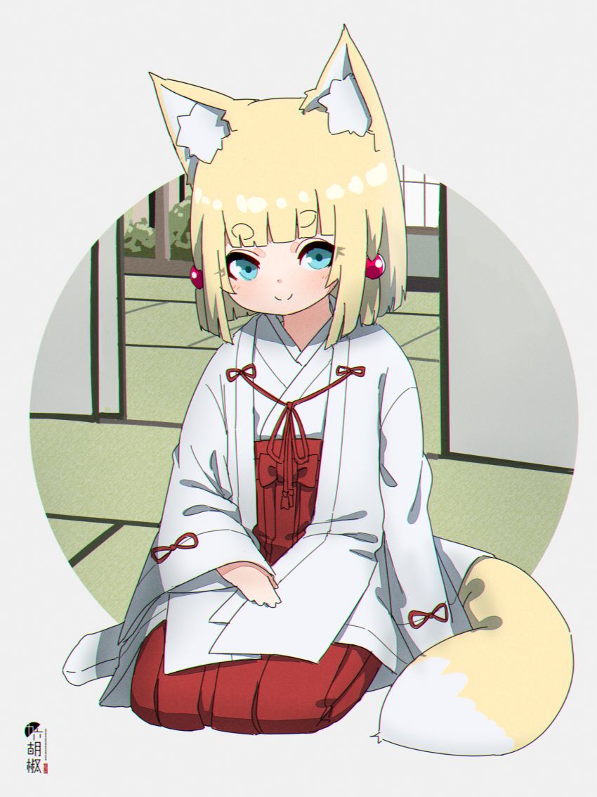 1girl animal_ears bangs blonde_hair blue_eyes blunt_bangs closed_mouth commentary_request eyebrows_visible_through_hair fox_ears fox_girl fox_tail grey_background hakama highres japanese_clothes kimono kuro_kosyou long_sleeves looking_at_viewer miko original red_hakama seiza short_eyebrows sitting smile socks solo tabi tail thick_eyebrows white_kimono white_legwear wide_sleeves