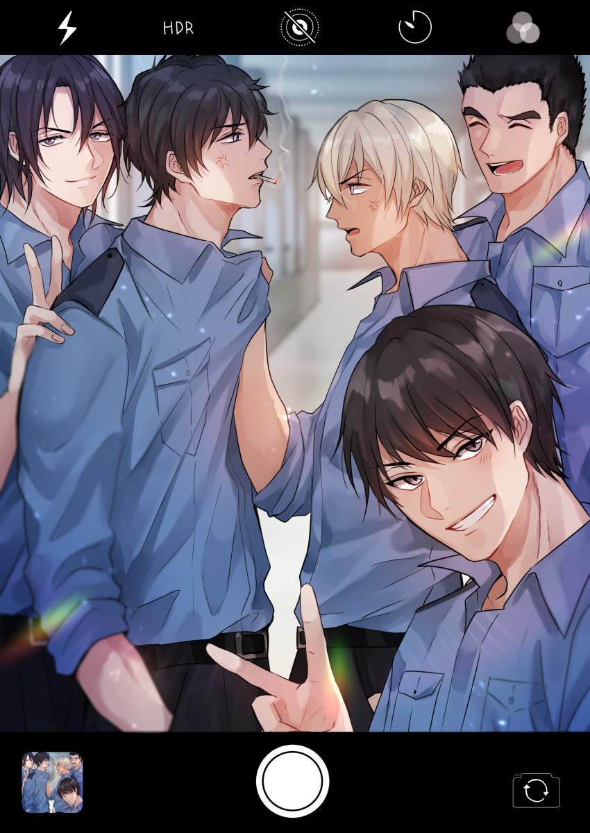 5boys :d ^_^ absurdres amuro_tooru anger_vein angry bangs belt black_belt black_hair black_pants blonde_hair blue_eyes blue_shirt blurry blurry_background brown_eyes brown_hair chitose_(chitose_70207) cigarette closed_eyes closed_mouth collared_shirt commentary_request confrontation date_wataru eye_contact eyebrows_visible_through_hair fake_screenshot fingernails from_side grin hagiwara_kenji hair_between_eyes hand_in_pocket hand_on_another's_shoulder highres indoors looking_at_another looking_at_viewer male_focus matsuda_jinpei meitantei_conan mouth_hold multiple_boys open_mouth pants phone_screen police police_uniform policeman scotch_(meitantei_conan) shirt shirt_grab short_hair sleeves_rolled_up smile smoke smoking standing teeth uniform upper_teeth v