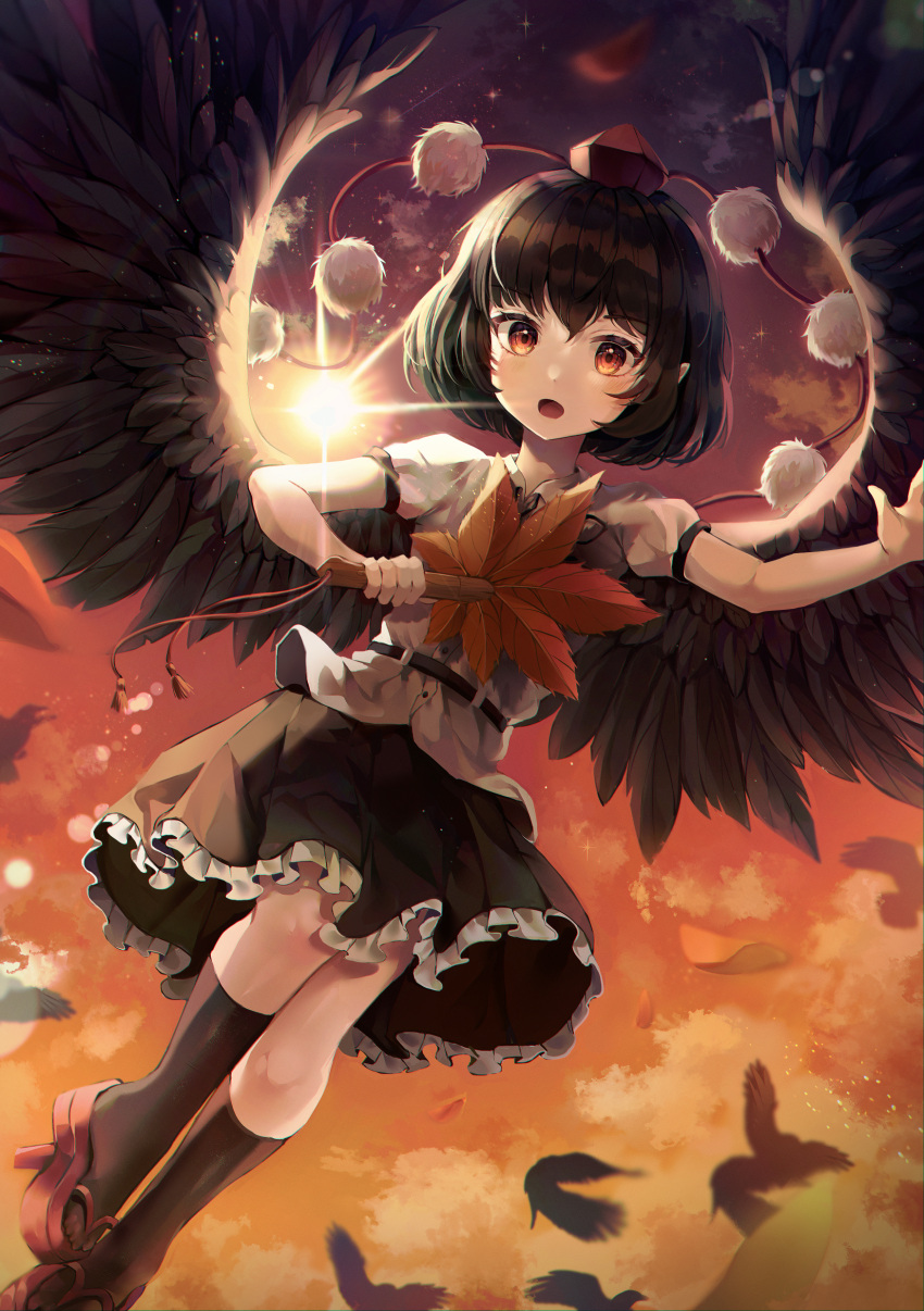1girl :o absurdres belt bird_wings black_hair black_legwear black_neckwear black_ribbon black_skirt blurry clouds cloudy_sky depth_of_field eyebrows_visible_through_hair falling_feathers fan foot_out_of_frame geta gradient_sky hair_between_eyes hat hauchiwa highres holding holding_fan kneehighs looking_at_viewer mirage48291584 neck_ribbon petticoat pointy_ears pom_pom_(clothes) puffy_short_sleeves puffy_sleeves red_eyes red_footwear red_headwear ribbon shameimaru_aya shirt short_hair short_sleeves skirt sky solo star_(sky) sunset tengu-geta tokin_hat touhou white_shirt wings