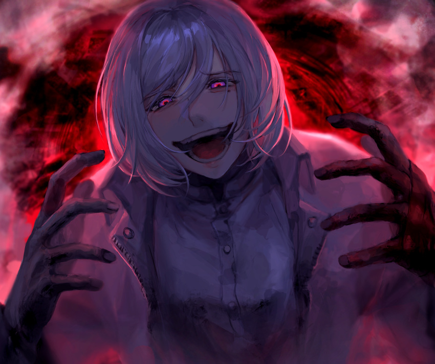 1boy :d akudama_drive crazy_eyes cutthroat_(akudama_drive) hair_between_eyes hands_up highres looking_at_viewer male_focus mole mole_under_eye open_mouth pink_eyes red_background shiromo_ooo shirt short_hair smile solo upper_body white_hair white_shirt