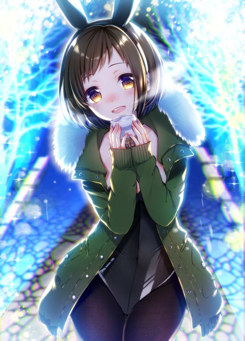 1girl animal_ears bang_dream! black_legwear black_leotard blush breath brown_hair check_commentary coat cobblestone coffee_cup cold commentary_request cowboy_shot cup disposable_cup eyebrows_behind_hair fake_animal_ears fur-trimmed_collar fur_collar green_coat hazawa_tsugumi head_tilt highres leotard leotard_under_clothes long_sleeves looking_at_viewer night open_clothes open_coat open_mouth orange_eyes outdoors pantyhose playboy_bunny rabbit_ears round_teeth short_hair solo standing strapless strapless_leotard teeth tsurugi_hikaru