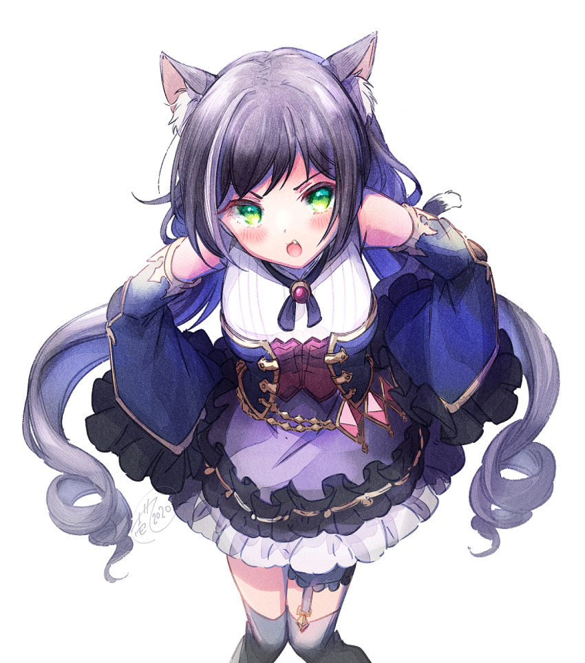 1girl animal_ear_fluff animal_ears bangs bare_shoulders black_hair black_legwear blue_sleeves blush breasts cat_ears detached_sleeves eyebrows_visible_through_hair fang frilled_skirt frilled_sleeves frills green_eyes hands_on_hips highres ittokyu karyl_(princess_connect!) leaning_forward long_hair long_sleeves looking_at_viewer low_twintails multicolored_hair open_mouth princess_connect! princess_connect!_re:dive purple_skirt shirt simple_background skirt sleeveless sleeveless_shirt small_breasts solo streaked_hair thigh-highs twintails v-shaped_eyebrows very_long_hair white_background white_hair white_shirt wide_sleeves