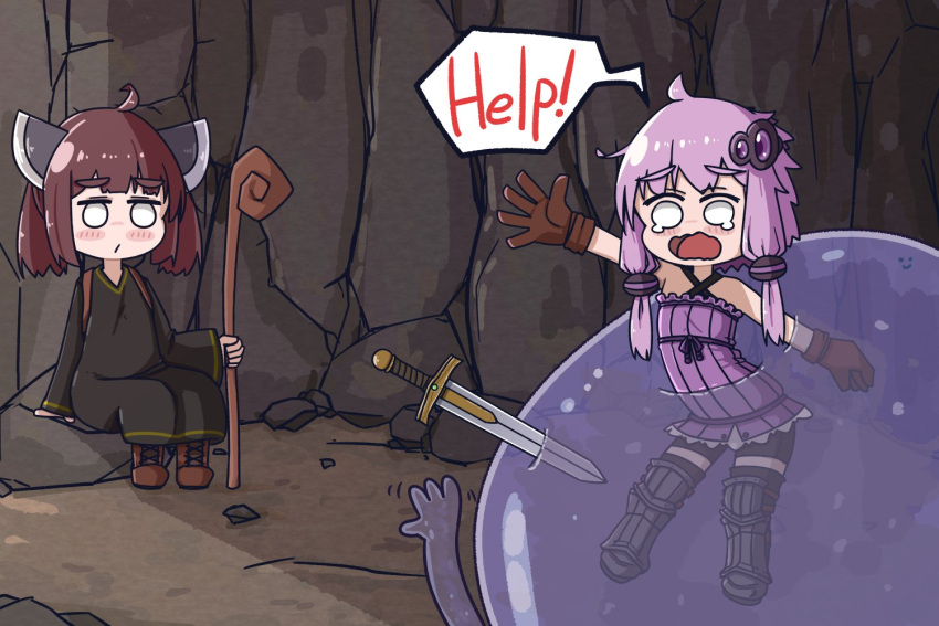 2girls boots brown_hair cave chibi commentary criss-cross_halter dress english_text gloves hair_ornament halterneck headgear kedama1635 leg_armor multiple_girls outstretched_arm purple_dress purple_hair short_hair short_hair_with_long_locks shouting sidelocks sitting slime solid_circle_eyes speech_bubble staff sword tears thigh-highs touhoku_kiritan voiceroid weapon white_eyes yuzuki_yukari