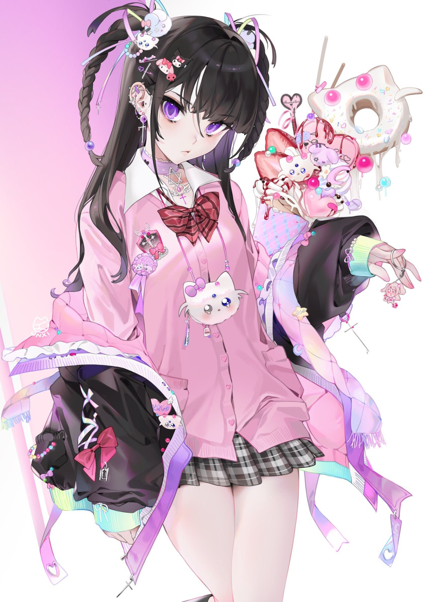 1girl animalization badge beads black_hair black_jacket bow braid cardigan character_name choker crescent_moon doughnut ear_piercing eyeball eyebrows_visible_through_hair eyes_visible_through_hair food frilled_choker frills fruit grey_skirt hair_ribbon hexagram highres ice_cream iridescent jacket jacket_removed keychain kuromi latin_cross long_hair moon my_melody onegai_my_melody original piercing pill pink_bow pink_cardigan pink_nails plaid plaid_skirt popped_collar purple_bow razor_blade red_bow ribbon shirt signature simple_background skirt sprinkles star_(symbol) star_of_david strawberry striped striped_bow twin_braids unxi violet_eyes violeta_(unxi) white_background white_shirt wing_collar