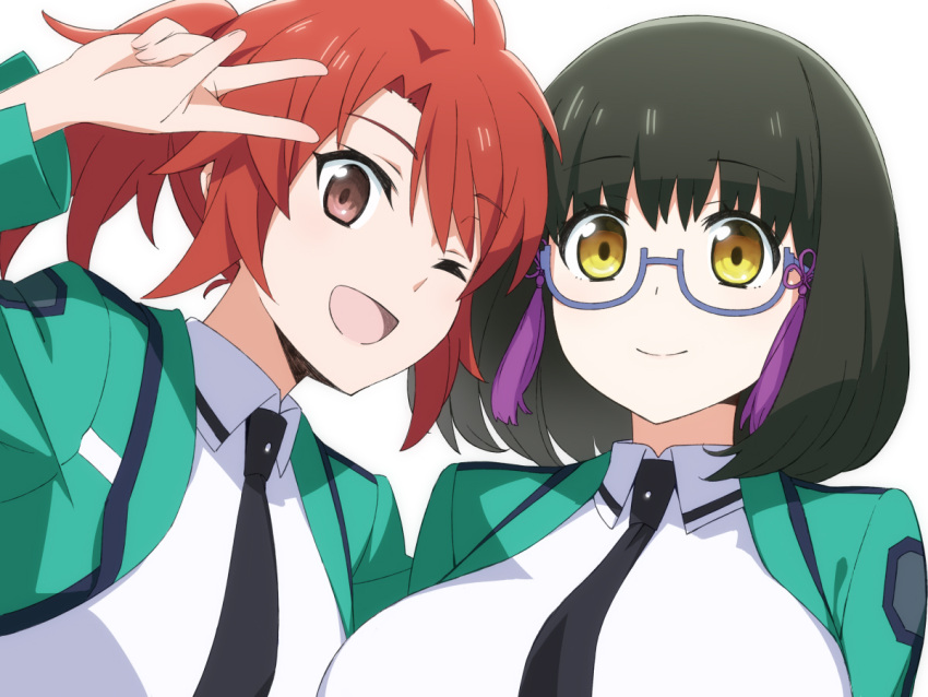 2girls :d black_hair black_neckwear breasts brown_eyes chiba_erika collared_dress commentary_request dress eyebrows_visible_through_hair glasses green_jacket hand_up high_ponytail jacket large_breasts looking_at_viewer mahouka_koukou_no_rettousei medium_hair multiple_girls necktie one_eye_closed open_clothes open_jacket open_mouth portrait redhead shibata_mizuki simple_background smile sumi_(shibata3gb) v white_background white_dress wing_collar yellow_eyes