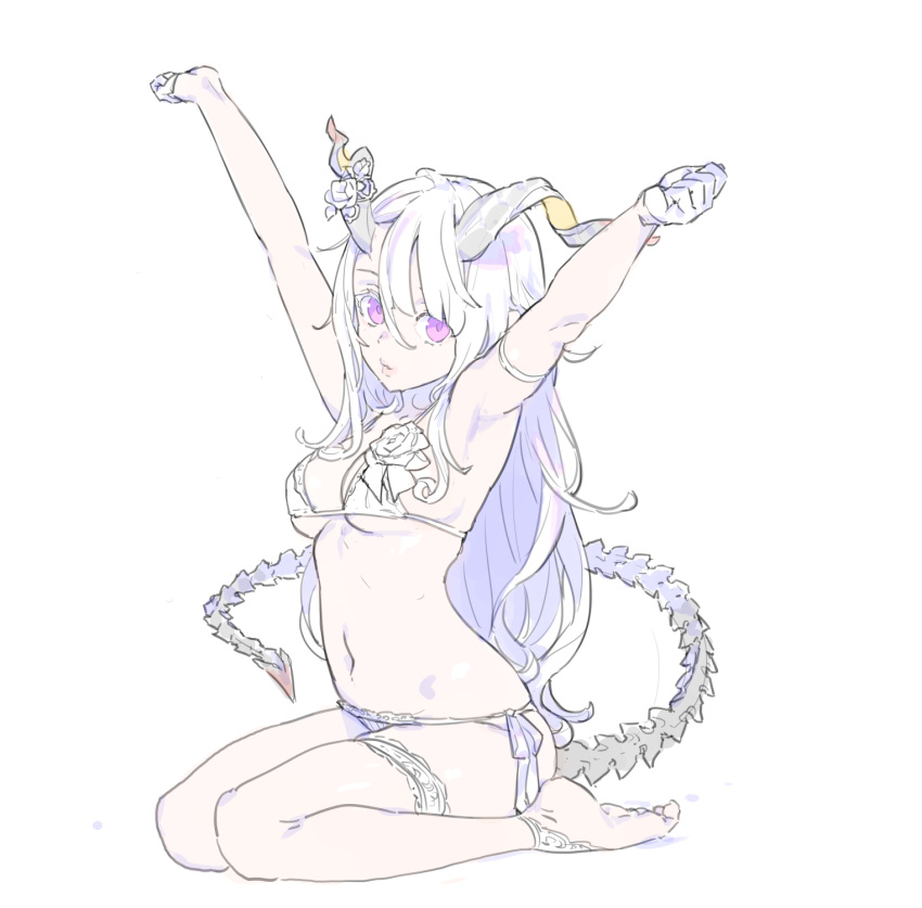 1girl arm_strap armpits barefoot bone bone_tail bra breasts closed_mouth curled_horns demon_tail enkyo_yuuichirou from_side gloves hair_between_eyes half_gloves hands_up highres horn_flower horns large_breasts long_hair looking_at_viewer looking_to_the_side multicolored_hair navel original panties purple_hair side-tie_panties simple_background sitting solo streaked_hair stretch tail thigh_strap underwear violet_eyes wariza white_background white_bra white_gloves white_hair white_panties